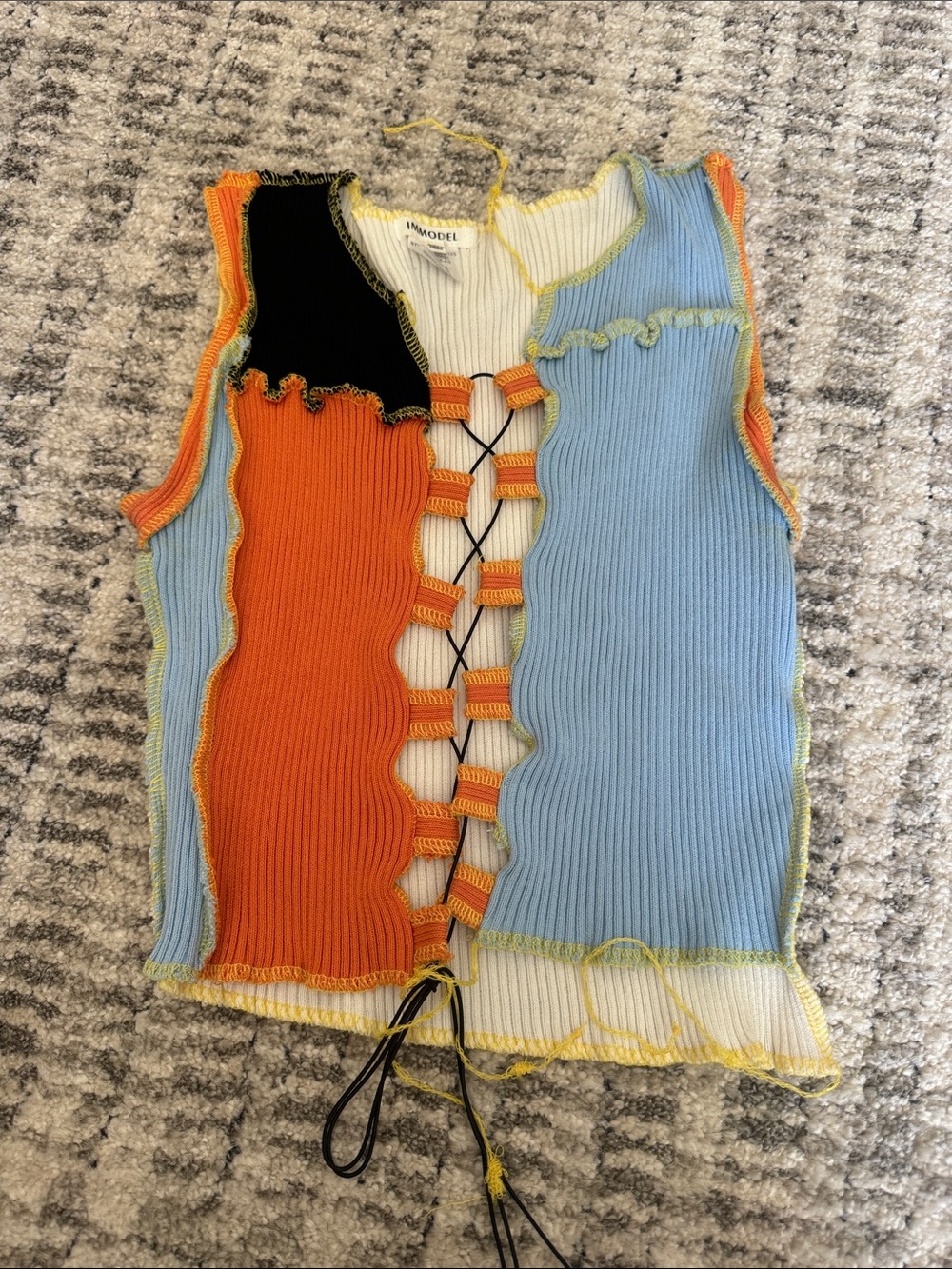 Vintage Colorblock Lace-Up Ribbed Tank - Orange, Light Blue, White, Black